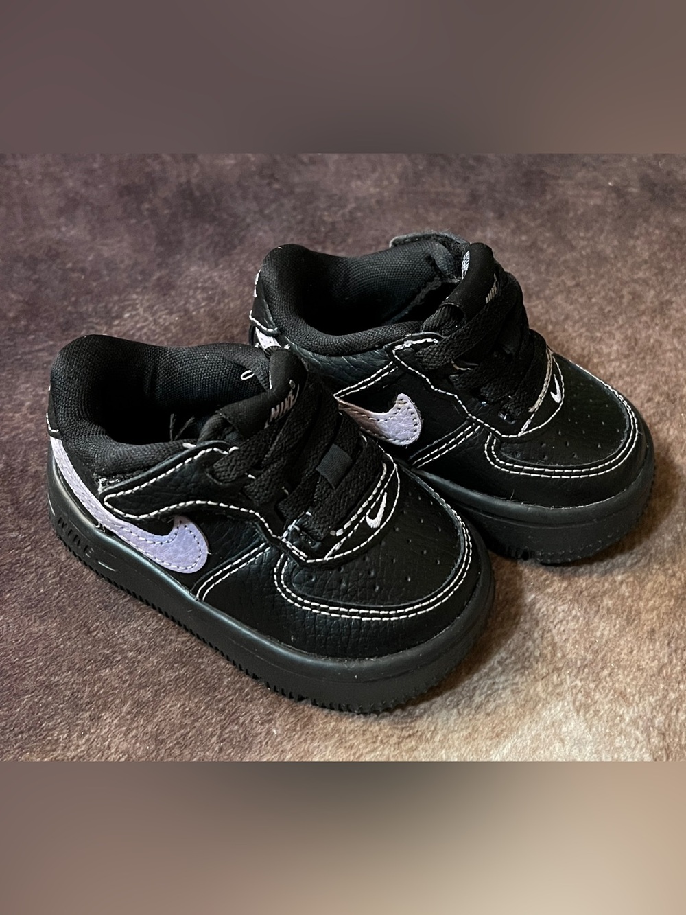 Toddler Size 3 Nike Force 1 Black Sneakers with Light Purple Swoosh
